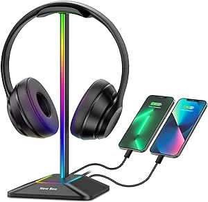 New bee RGB Headphone Stand with 1 USB-C Charging Port and 1 USB Charging Port, Desk Gaming Headset Holder with 7 Light Modes and Non-Slip Rubber Base Suitable for All Earphone Accessories (Black)