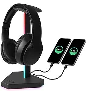 charlxee RGB Headphone Stand with 2 USB-C Charging Port and 1 USB Charging Port, Desk Gaming Headset Holder with 7 Light Modes and Non-Slip Rubber Base Suitable for All Earphone Accessories (Black)